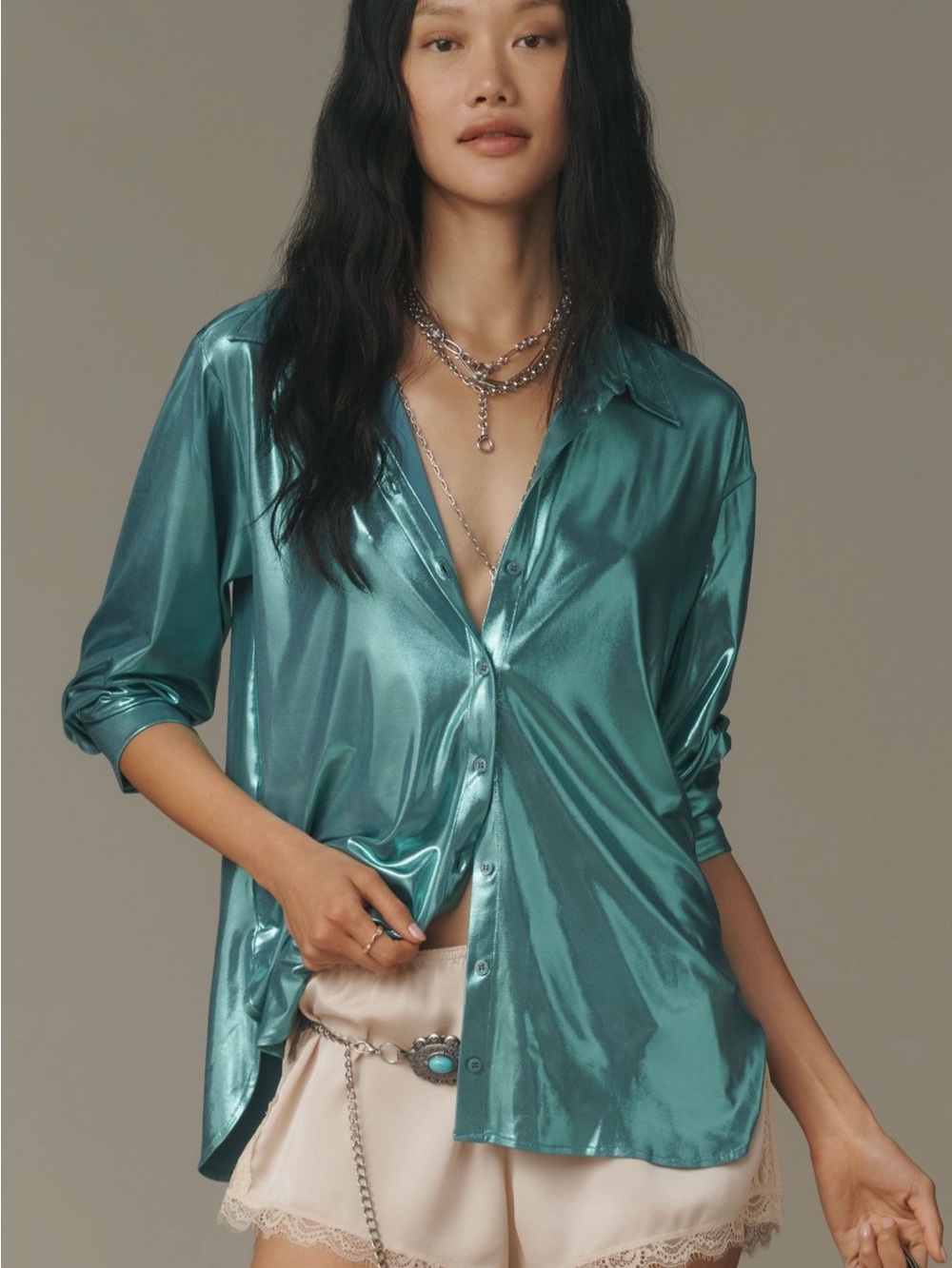 Anthropologie Shine Teal Button-Up Shirt